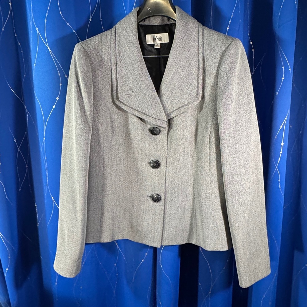 Le Suit Women's Gray Tweed Blazer Suit Jacket skirt set Size 14 professional